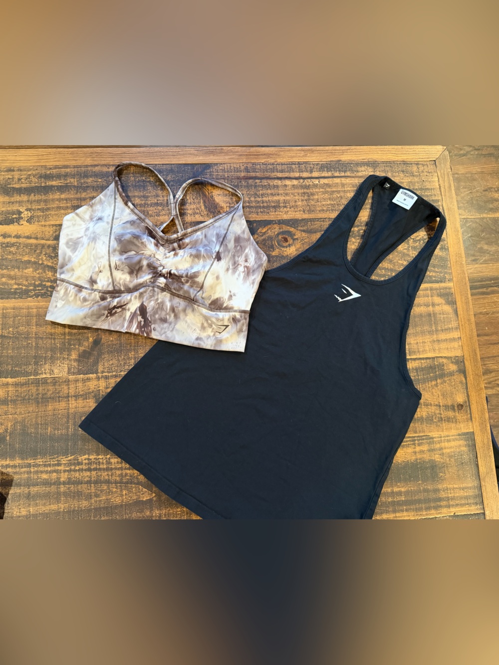 Gymshark Black Racerback Tank & Marble Beige Tie-Dye Sports Bra Set